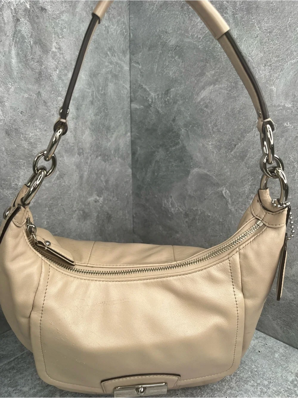 Coach Beige Leather Shoulder Bag with Silver Hardware